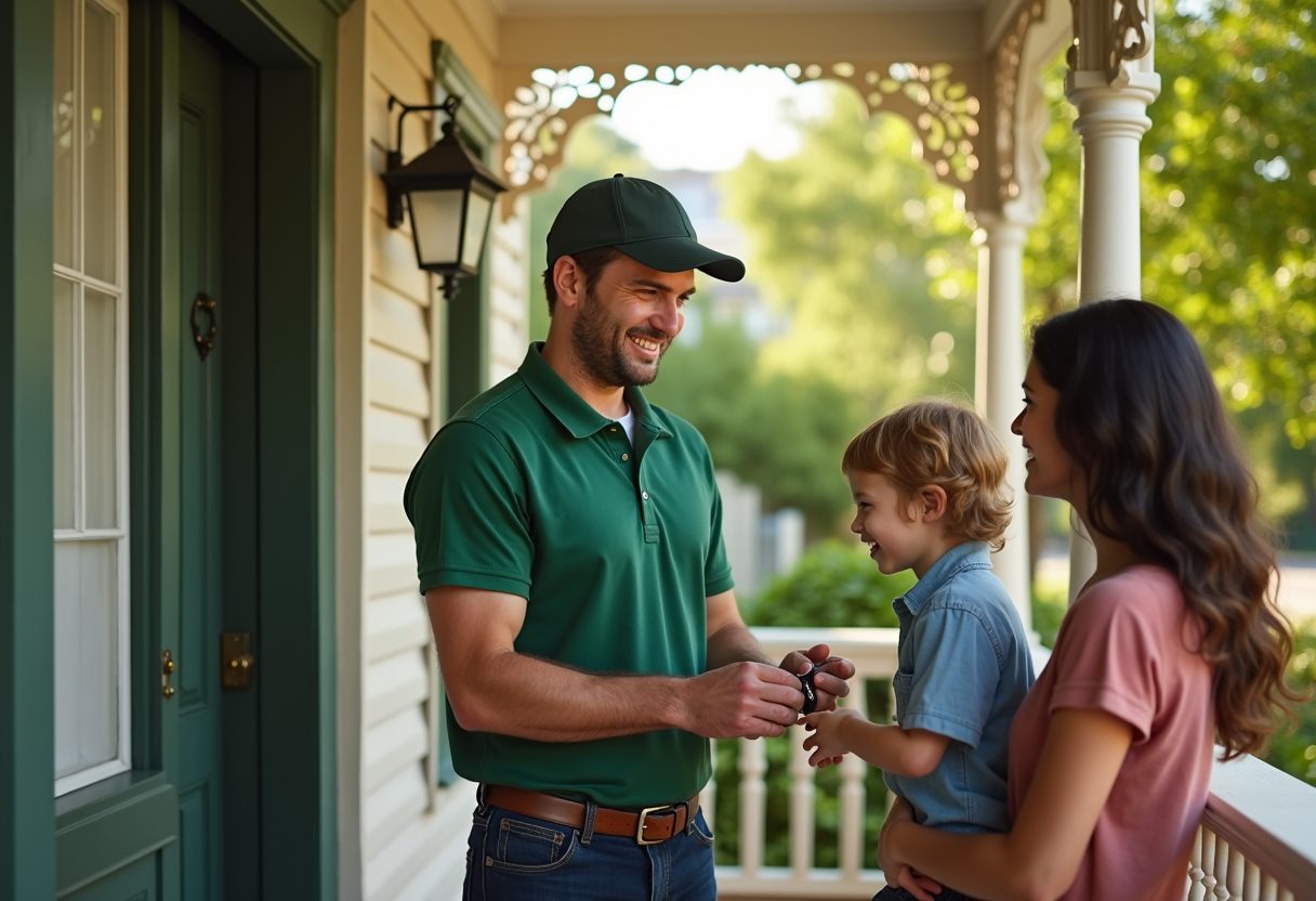 Locksmith handing new keys to a family on their verandah — Oatlands